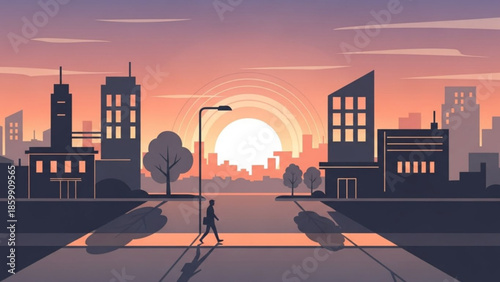 Person walking alone on a street in a city at sunset with buildings and streetlights