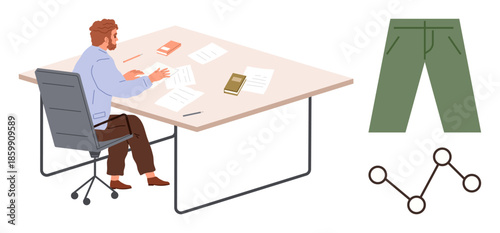 Man seated at a desk reviewing papers, surrounded by books and files. Green pants and a network connection diagram are separately illustrated. Ideal for workplace, productivity, organization