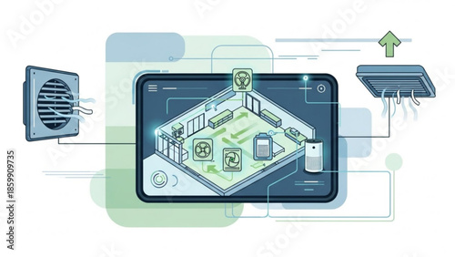 Smart home automation system on tablet with air conditioning unit and solar panel