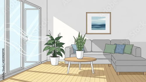 Modern minimalist living room with gray sofa, potted plants, and natural light