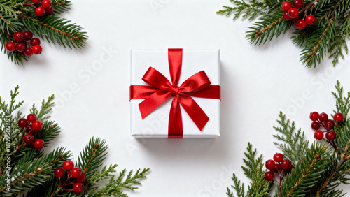 White gift box with red ribbon surrounded by pine branches and red berries on a white background