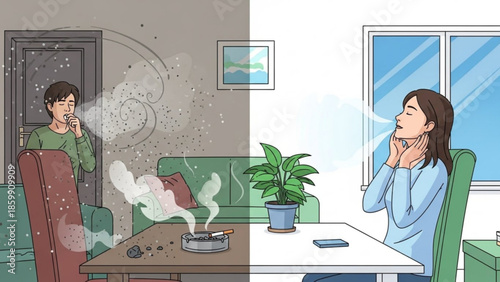 Man smoking in living room with smoke affecting woman in adjacent room