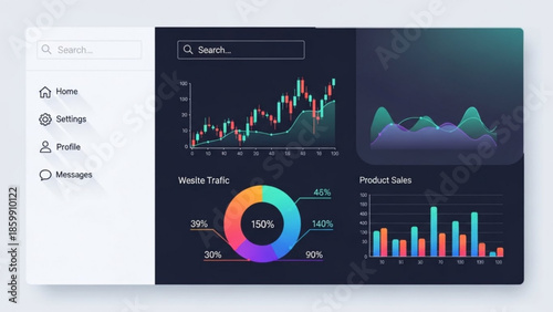 Data analysis dashboard with colorful graphs and charts on dark background, business intelligence