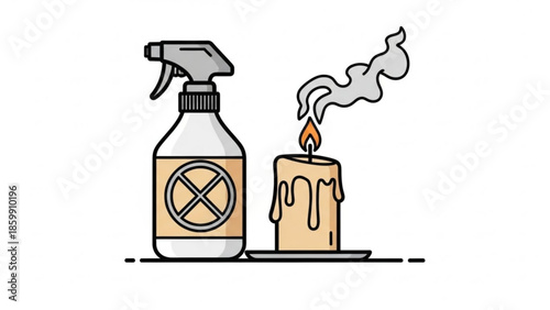 Candle extinguisher spray bottle and lit candle on white background