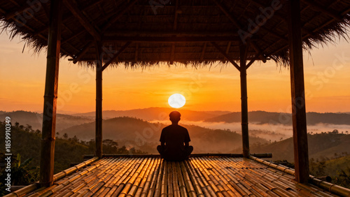 Silhouette of a person meditating on a bamboo platform at sunrise overlooking misty mountains