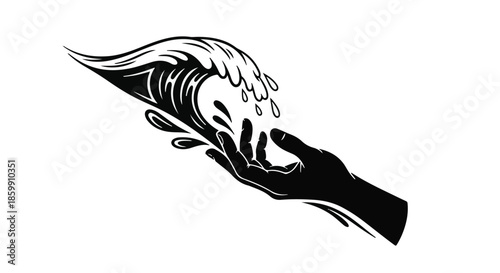 Caring hand gently guides a breaking wave, symbolizing protection and nature's power.