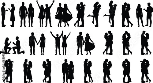 Romantic couple silhouette poses, love relationship illustration, standing and kissing figures, romantic gesture graphic set for Valentine design, vector art