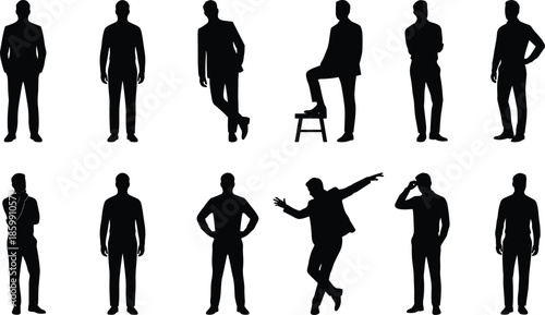 Silhouettes of men standing in various poses, business male figures, casual man gestures, human posture collection, vector illustration set