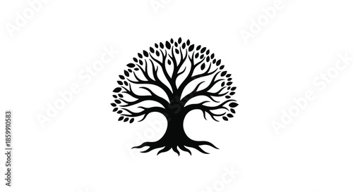 Stylized silhouette of a mature tree with intricate branches and visible roots against a white background.