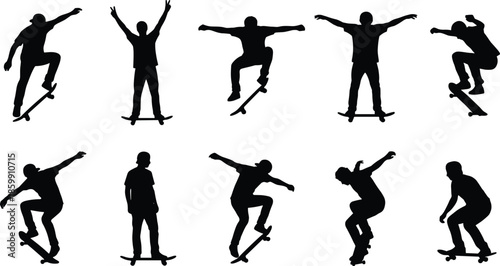 Skateboarder silhouette collection, skateboarding trick poses, street sport action figures, urban athlete movements for extreme sports, recreation, performance, balance, and training design