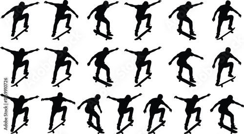 Skateboarder jump silhouette collection, extreme skateboarding trick poses, urban street sport action sequence for youth culture, performance, balance, movement, and training design