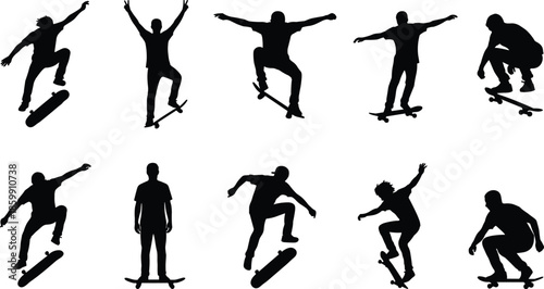 Skateboarder silhouette set, extreme skateboarding trick poses, urban sport action figures, jumping and balancing movements for youth culture, performance, recreation, and training design