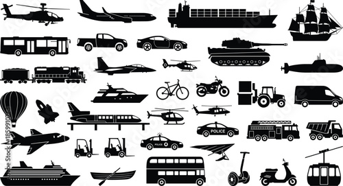 Transportation vehicle silhouettes collection, cars, ships, planes, helicopters, bikes, trucks, trains, military vehicles, modern transport icons for design and illustration