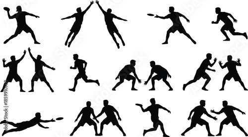 Ultimate frisbee silhouettes, athletic players running, jumping, catching disc, sports action poses, competitive game movements, team outdoor activity illustration set