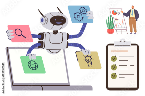 Robot with multiple arms managing task cards including search, gears, world, and idea icons. Analytics board with presenter and checklist symbolize productivity and automation. Ideal for innovation