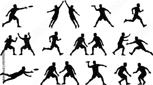 Ultimate frisbee silhouettes, athletic players running, throwing, catching disc, competitive sports action poses, outdoor team game movement illustration set