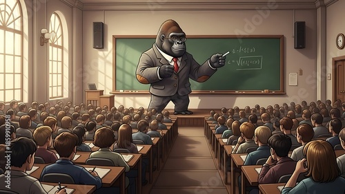 Gorilla wearing a suit teaches a classroom.