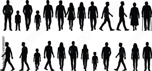 Walking people silhouette collection, men women children standing and moving figures, diverse human poses illustration, vector crowd design set