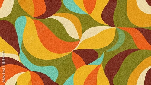 Colorful 70s Retro Abstract Wavy Art Background with Groovy Organic Shapes in Green, Orange, and Yellow for Vintage Poster Design