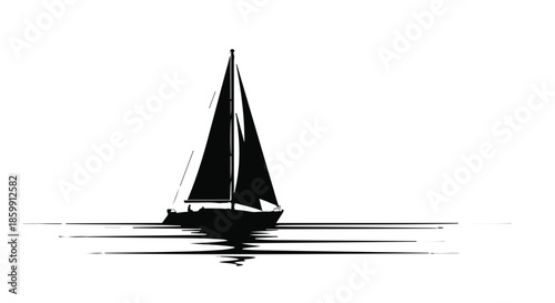 Solitary sailboat glides across calm water with dark reflection