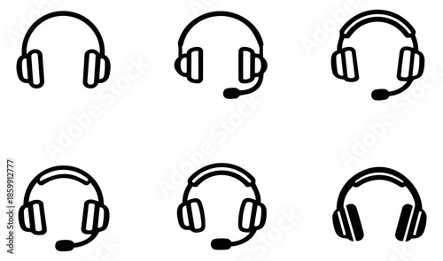 Modern line art headphone icon set featuring audio headsets and headphones with microphones for communication and entertainment