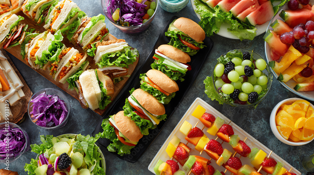Fototapeta premium A vibrant assortment of fresh sandwiches and colorful fruits arranged beautifully for a healthy meal experience.