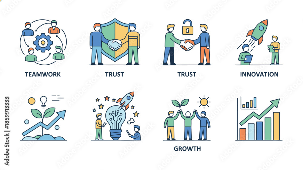 Fototapeta premium Business concepts illustrated with icons representing teamwork trust innovation and growth.