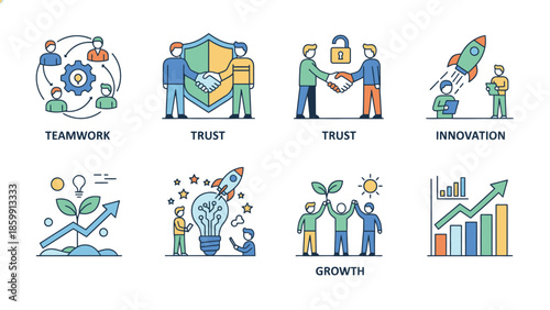 Business concepts illustrated with icons representing teamwork trust innovation and growth.