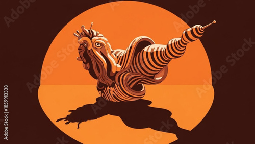 Abstract surrealist illustration of a twisted creature with striped body and large eye against orange