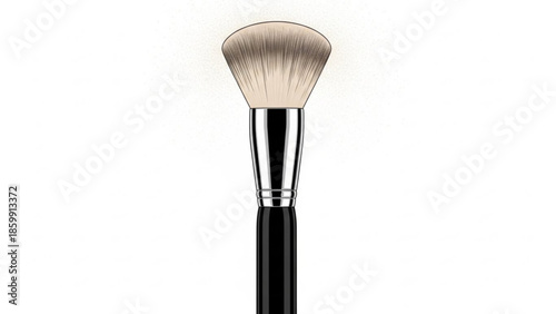 Makeup brush with black handle and silver ferrule on white background