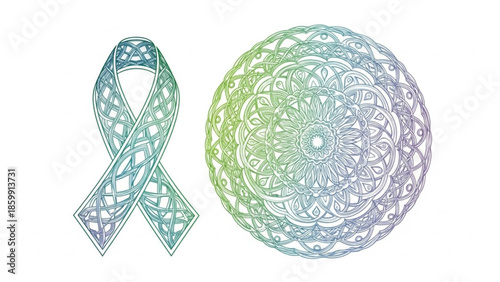 Intertwined Symbolism: A captivating artistic composition featuring a delicate ribbon intertwined with an intricate mandala, both rendered in elegant lines.