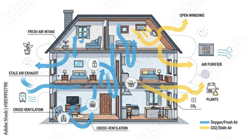 Cross ventilation in modern house with fresh air intake and air purifier system