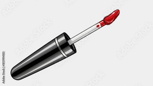 Red lipstick tube with applicator brush, black case, shiny red lip gloss, makeup product