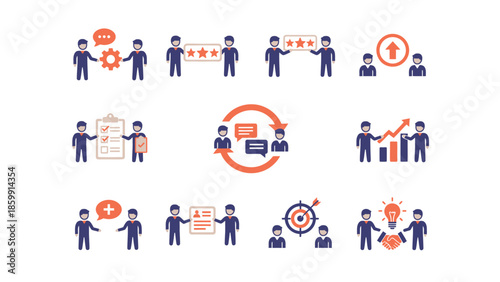 Business people collaborating and achieving goals in various scenarios.