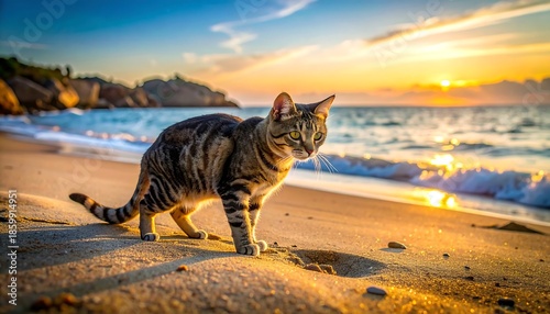 Tabby cat standing on sandy beach as sun sets over calm sea. Warm light