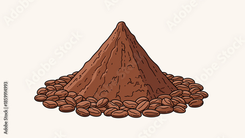 Ground coffee powder pile with whole roasted beans, hand-drawn illustration