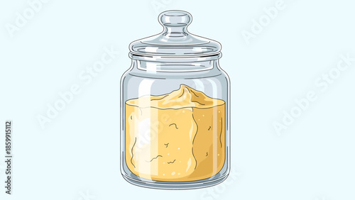 Transparent glass jar filled with creamy yellow spread or butter, isolated illustration on light background