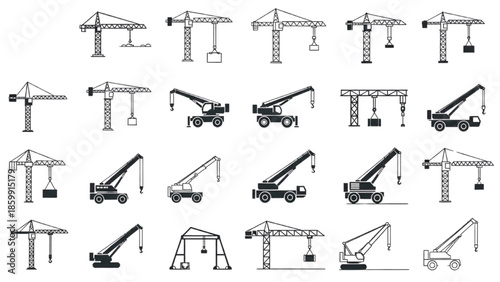 Construction Crane CAD Icon Set – Building Site Lifting Equipment Symbols Vector