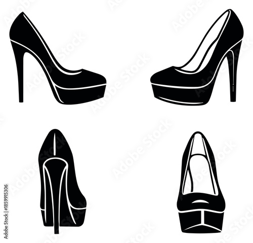 Elegant icon high heel shoes set featuring different views for fashion design