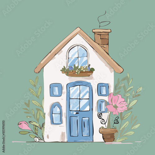 Simple white house with blue shutters and pink flower plant pots for a clean and modern home design