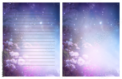 Letter template, fantasy card with flower on misty garden background with lines and copy space, printable To Do List, lined organizer or planner, diary or note paper with blank empty place.