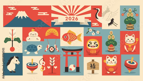 2026年の日本の伝統的なお正月飾りと縁起物を集めた、カラフルで楽しいイラストレーション。.