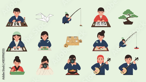 Illustrations of people enjoying traditional Japanese cultural activities and hobbies such as calligraphy, origami, fishing, tea ceremony, and playing shamisen.