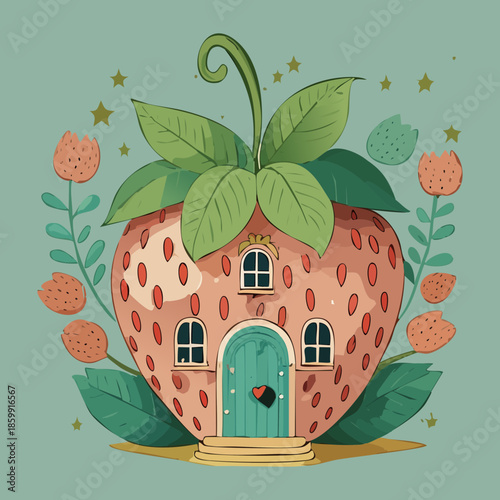 Charming strawberry house with green leaves and red fruit for a sweet and whimsical garden home design