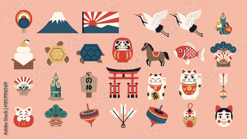 富士山、だるま、招き猫、鳥居など、日本の伝統的な縁起物や文化的なシンボルが多数描かれたイラストコレクション.