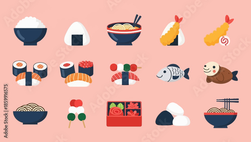 様々な日本の食べ物と料理のイラスト集、寿司、おにぎり、ラーメン、天ぷらなど.