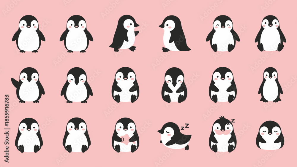 Naklejka premium かわいいペンギンのイラスト集、様々なポーズや表情で描かれた愛らしいキャラクターたち.