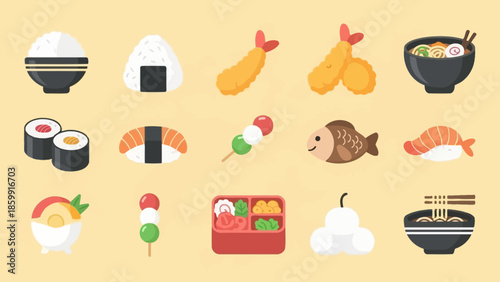 日本の様々な料理とお菓子が描かれたイラスト素材集.