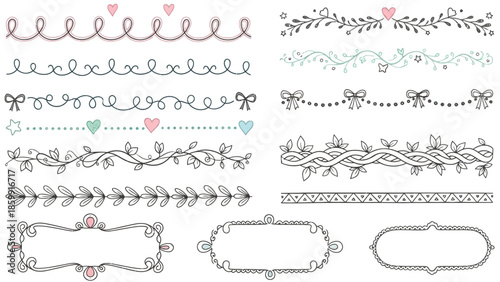 手書き風の装飾的な境界線とフレームのセット、ハート、葉、リボンなどのモチーフ.