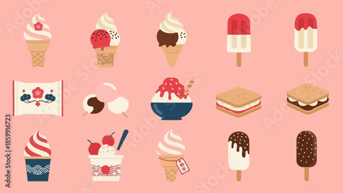 様々な種類の日本の冷たいデザートとアイスクリームのイラスト集.